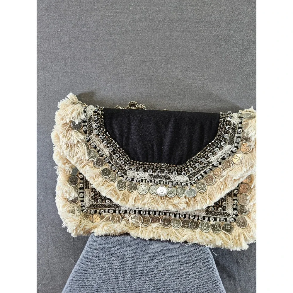 Lulus Black Boho Coin Fringe Beaded Crossbody Bag Silver Chain Strap (sku 138)